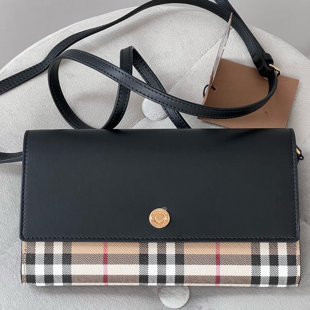 Burberry Check Leather Crossbody Bag in Black - Picture 3 of 13